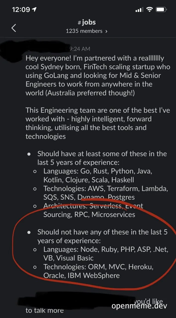 job listing with red circle around technical requirements