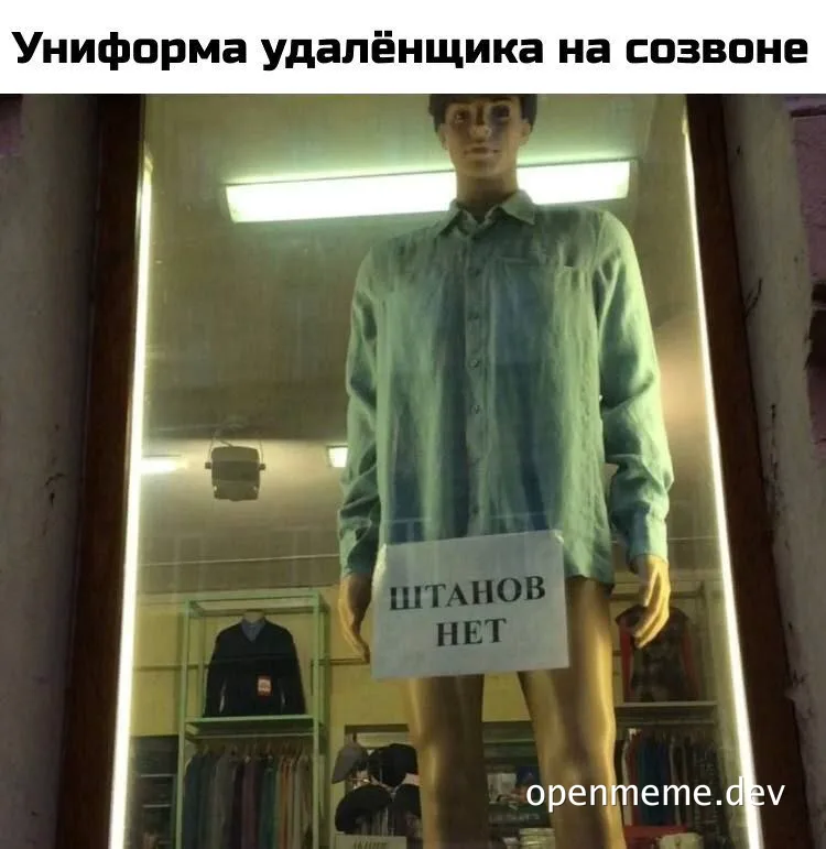 Манекен в рубашке без штанов с табличкой «Штанов нет» — униформа удалёнщика на созвоне
