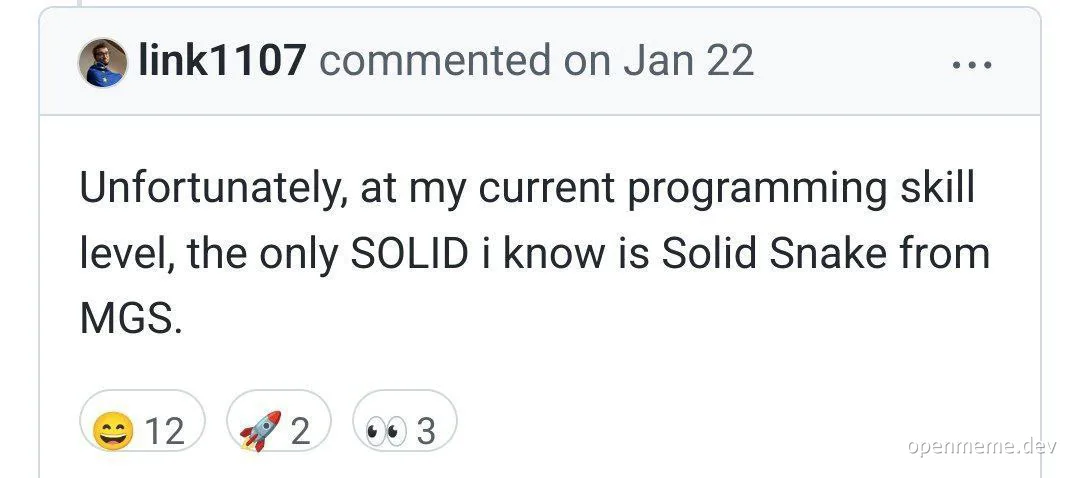 programmer humorously comparing coding skills to Solid Snake