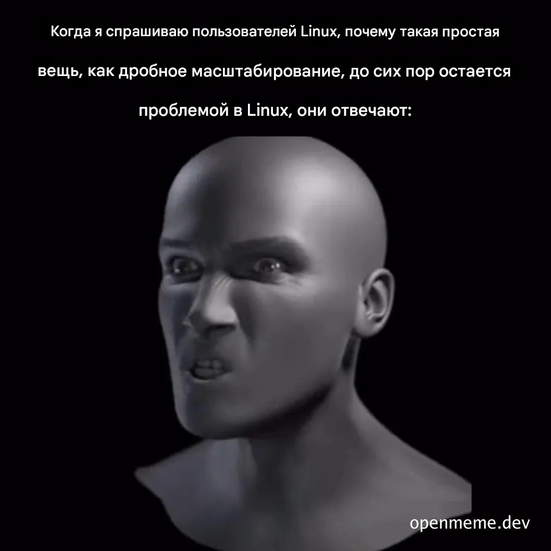 Reaction meme of a bald man looking puzzled or annoyed, related to Linux and fractional scaling issues.