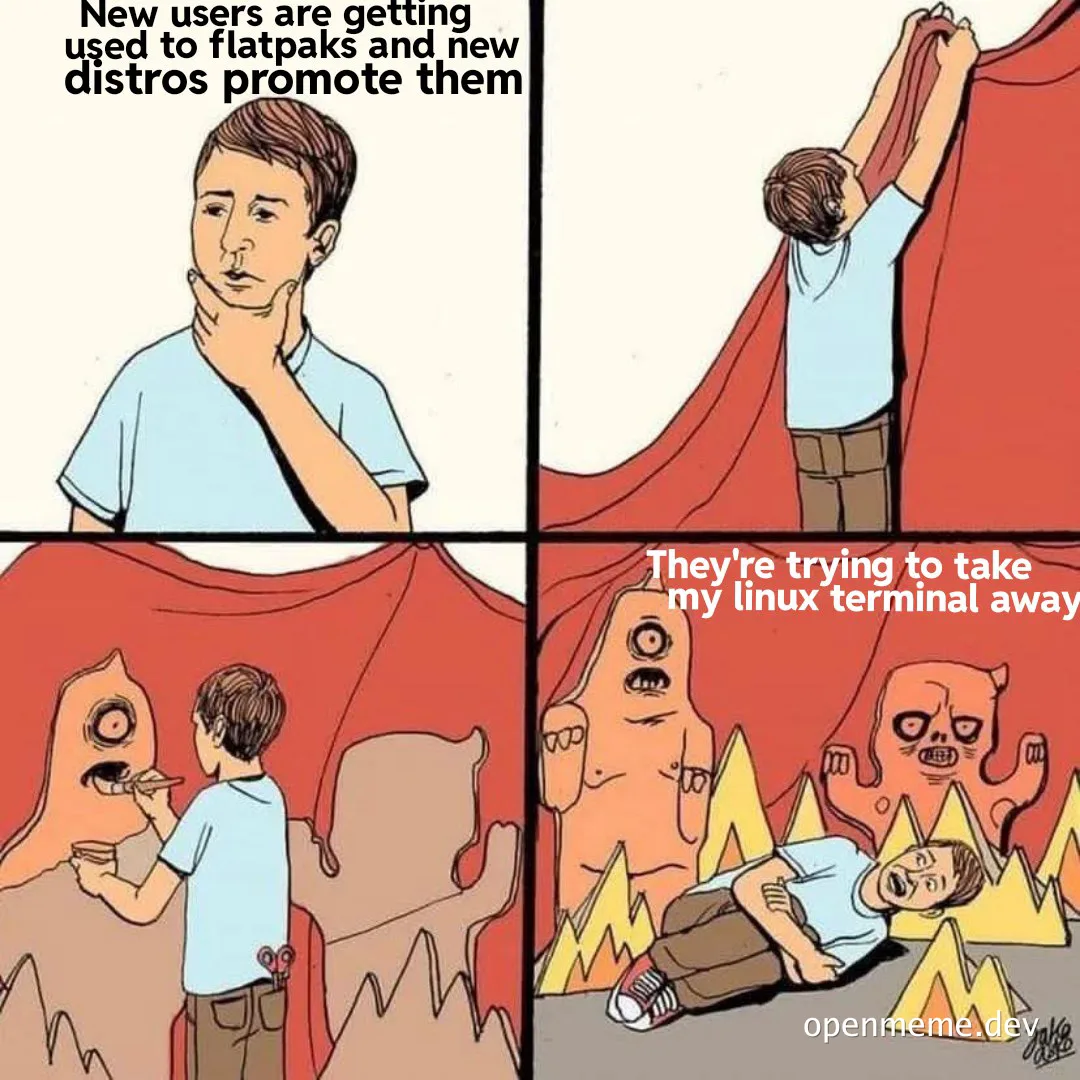 Cartoon man reacts to new users getting used to flatpaks and new distros promoting them
