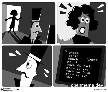 Comic strip of a man and woman reacting to a terminal command error