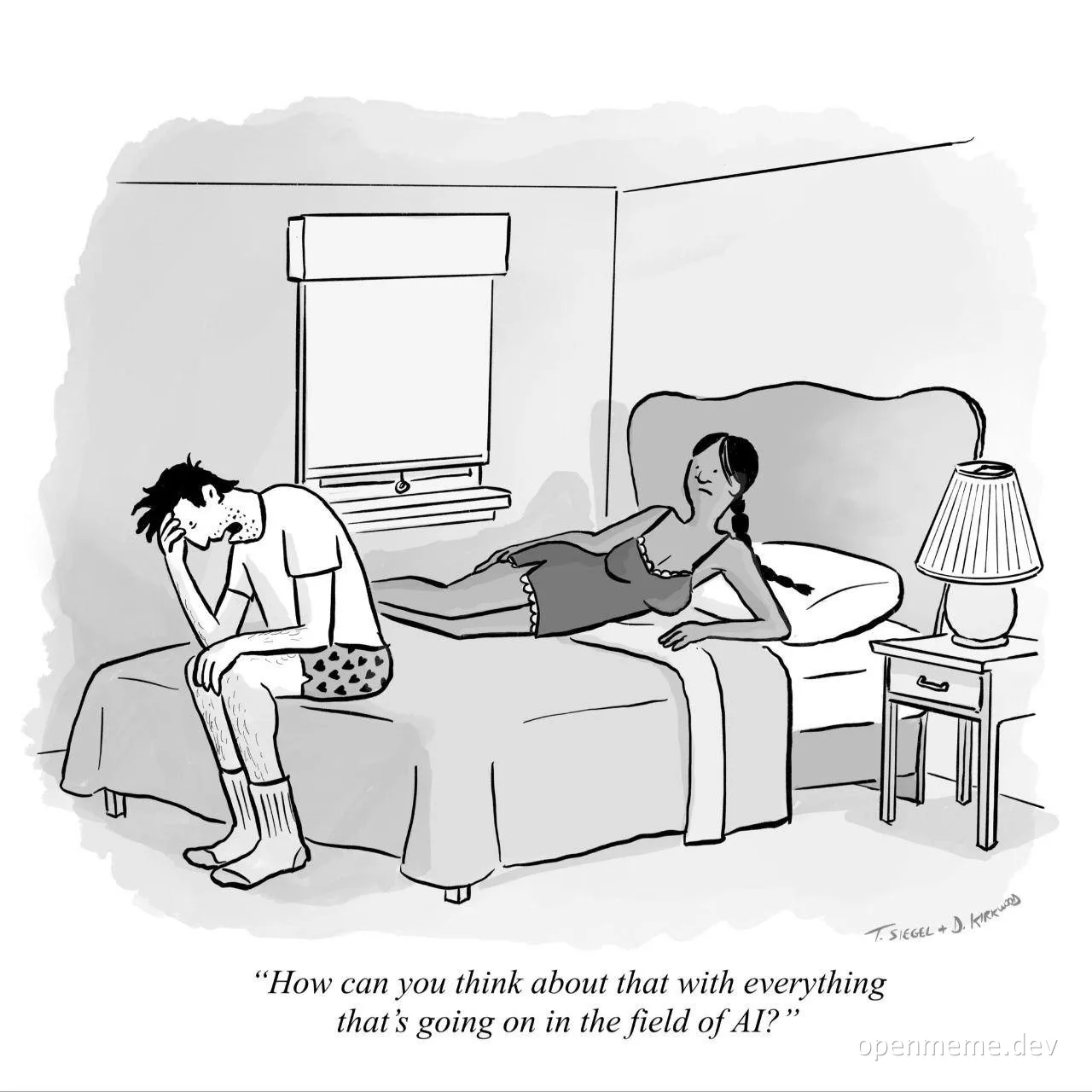 Black-and-white New Yorker-style cartoon of a stressed man sitting on the edge of a bed with his head in his hands while a