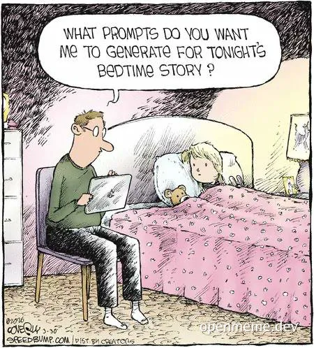cartoon of a man sitting by a child's bed with a laptop asking what prompts to generate for a bedtime story