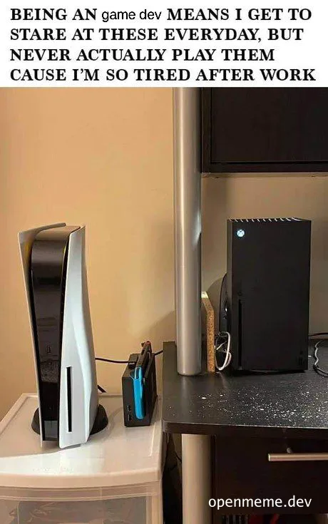 game developer staring at gaming consoles all day