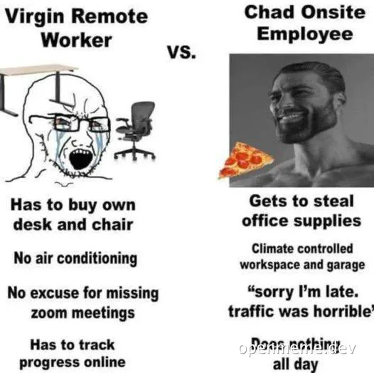 Virgin vs chad meme comparing a crying remote worker at home with a smug onsite employee holding a pizza slice
