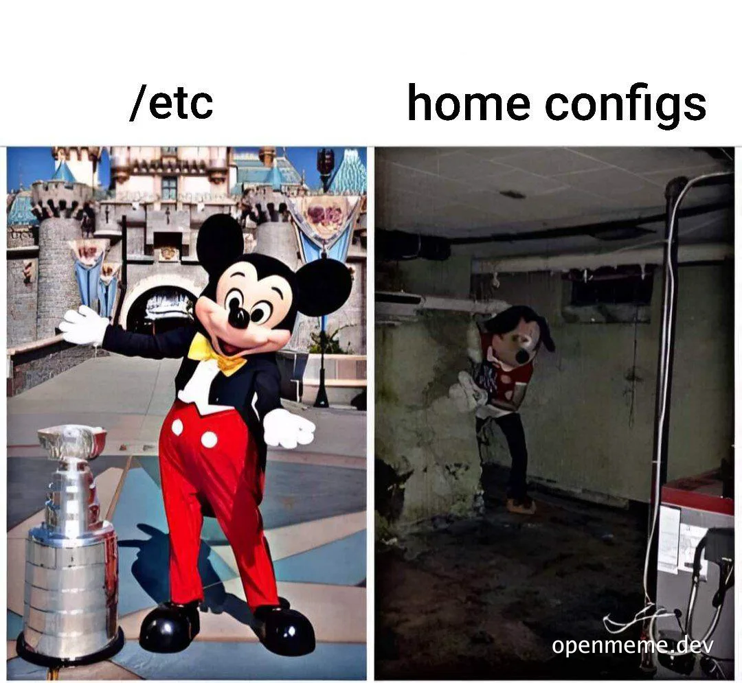 mickey mouse in disneyland next to a trophy and a dirty mickey mouse in a basement