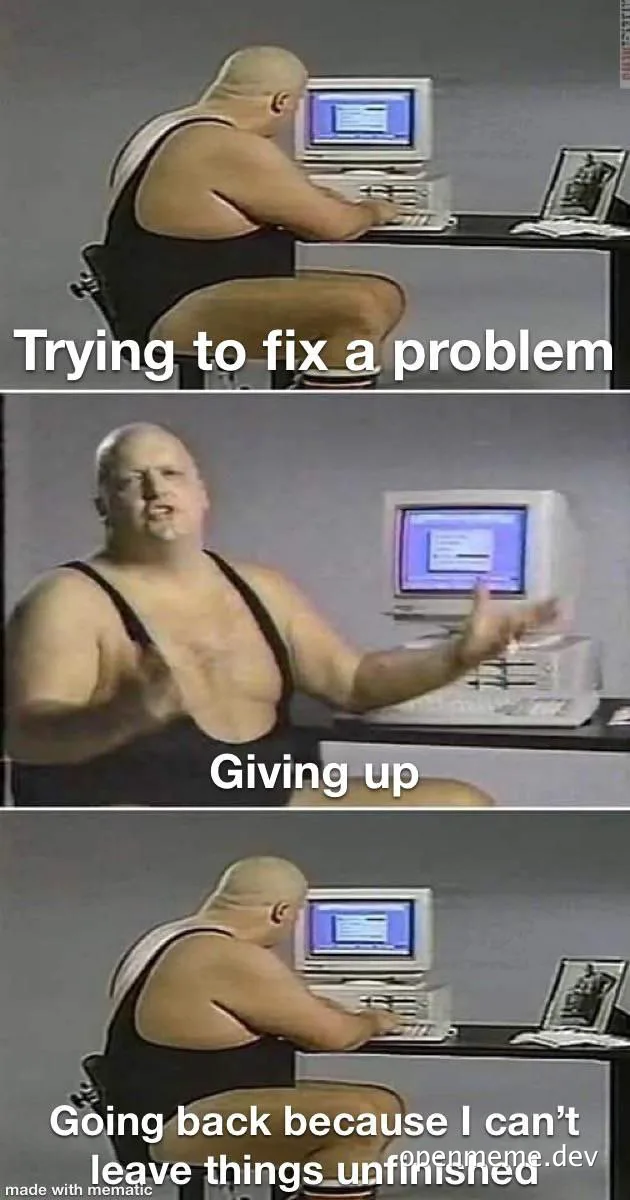 bald man in black singlet sitting at computer, struggling with coding problem