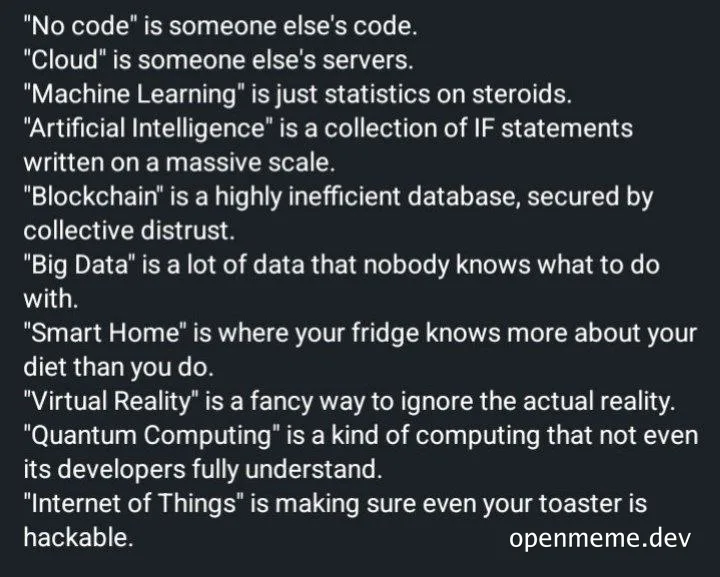 A list of humorous definitions for various tech buzzwords