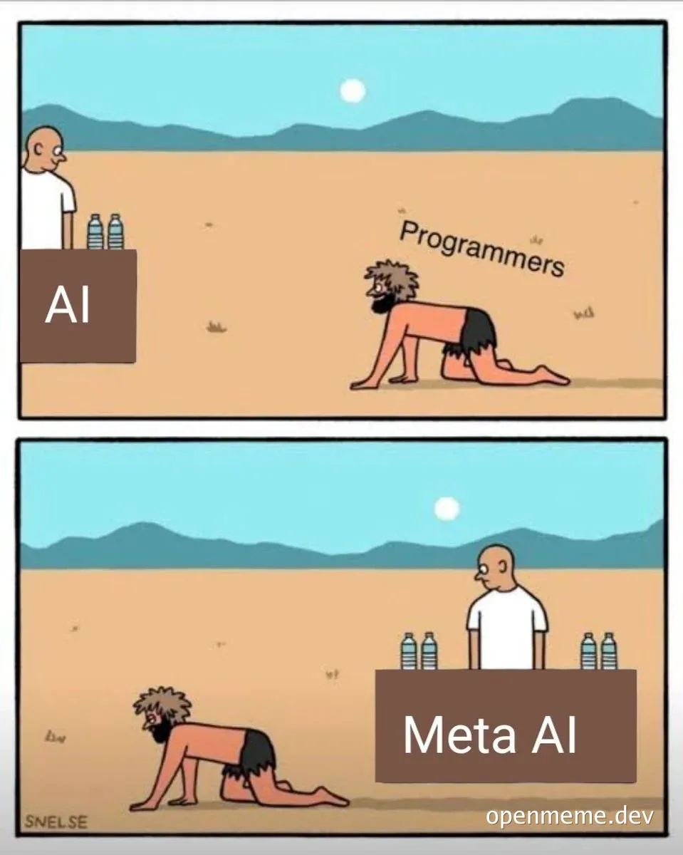 Comic strip showing a caveman labeled 'Programmers' crawling toward a man labeled 'AI' with water, then crawling past a man labeled 'Meta AI' with water.