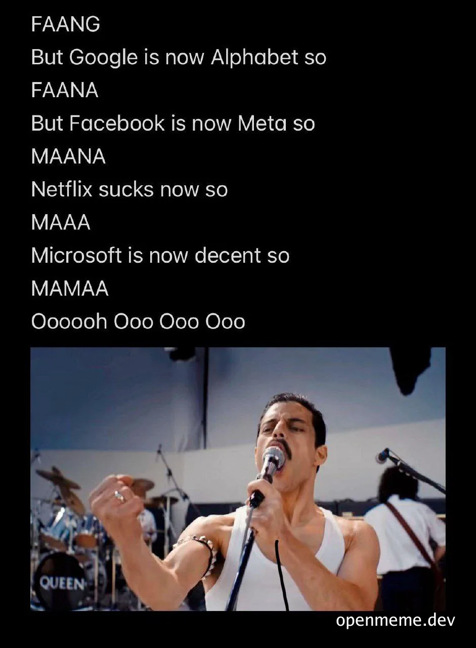 Freddie Mercury singing with tech company acronyms