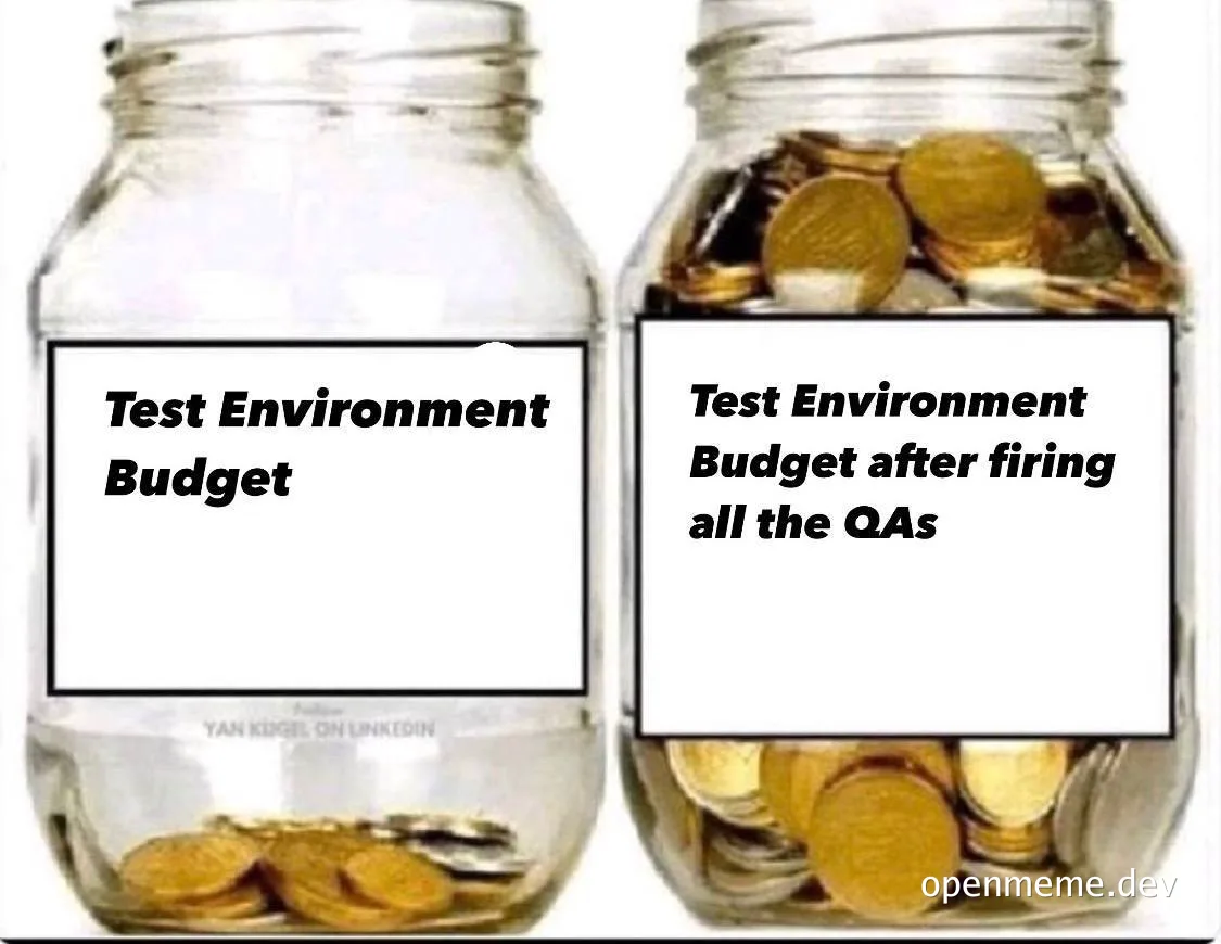 Two jars of coins labeled Test Environment Budget and Test Environment Budget after firing all the QAs