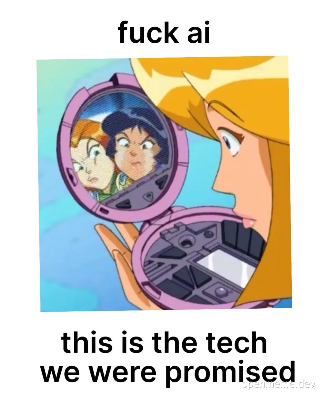 Anime character with blonde hair looking unimpressed into a small pink compact mirror, captioned 'fuck ai' on top and 'this