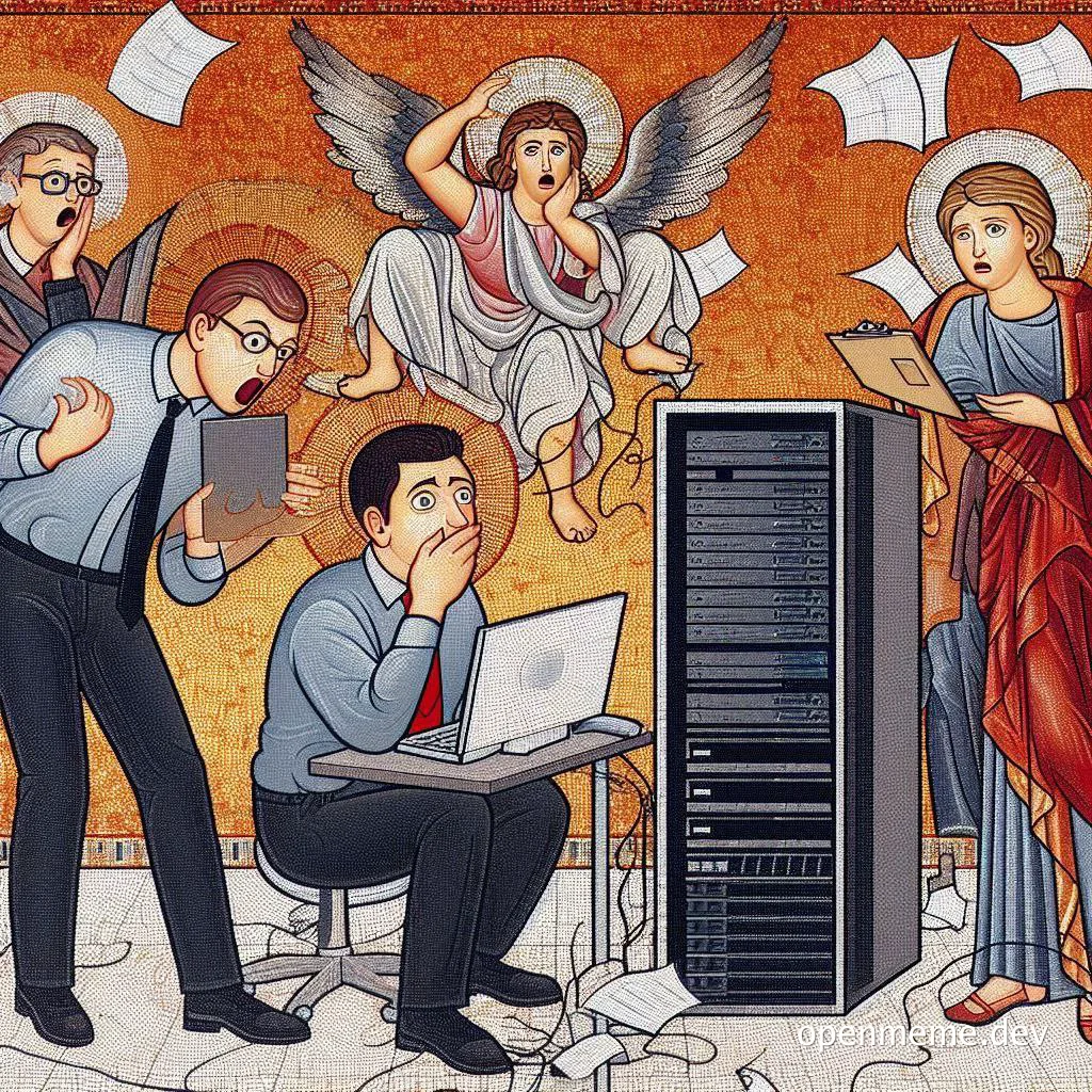 mosaic image of shocked developers with angels looking at a computer server