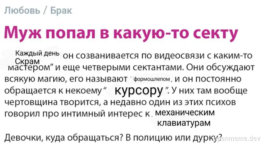 russian text about husband in a sect