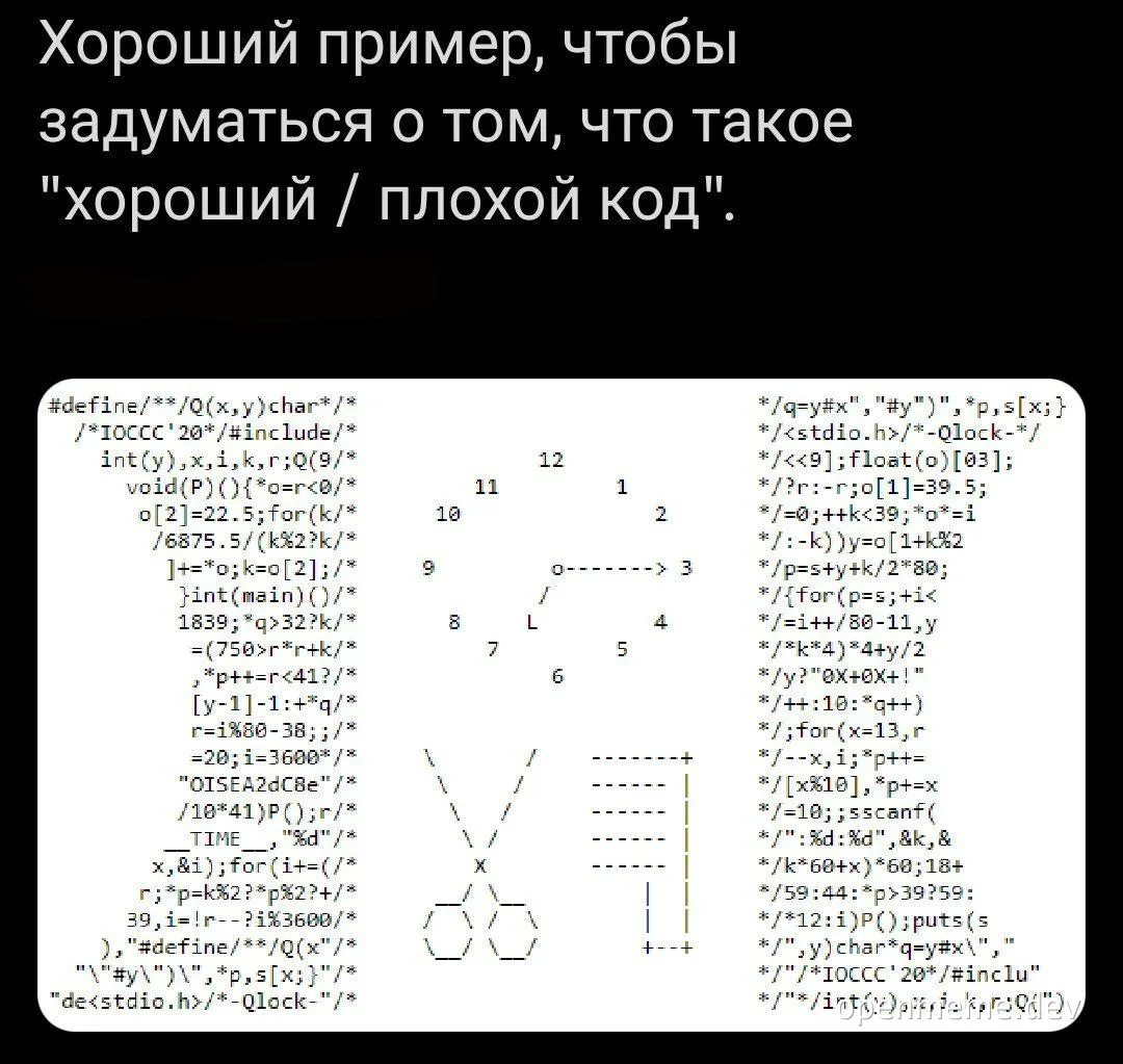 Скриншот обфусцированного нечитаемого кода с русской подписью про хороший и плохой код