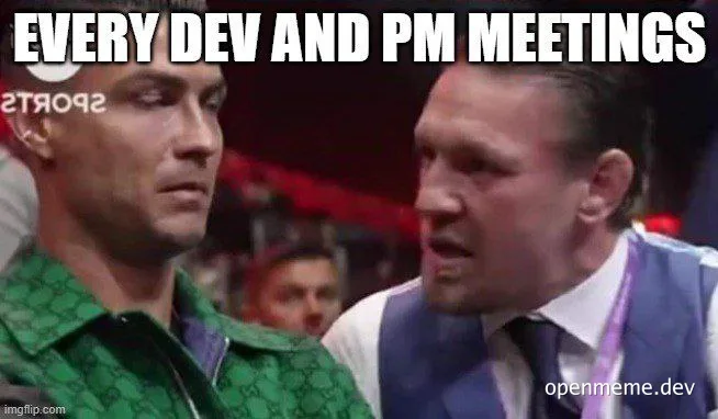 Two men looking at each other with a caption 'EVERY DEV AND PM MEETINGS'