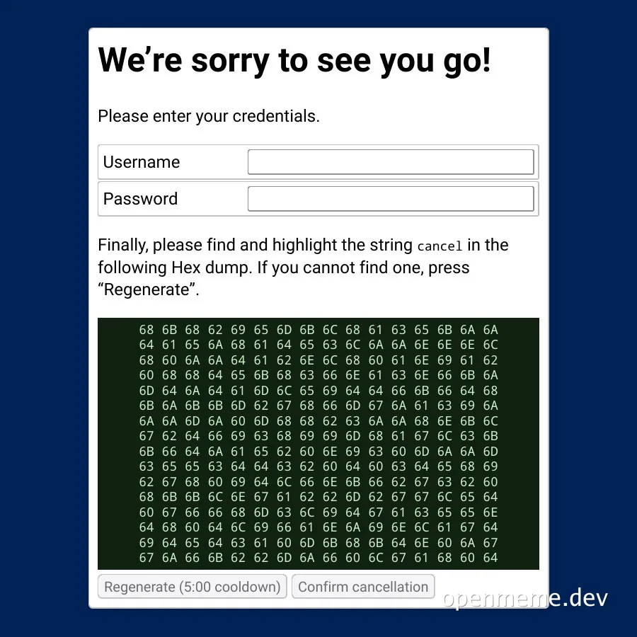 A screenshot of a humorous error page with a hex dump and a request to find the string 'cancel'.
