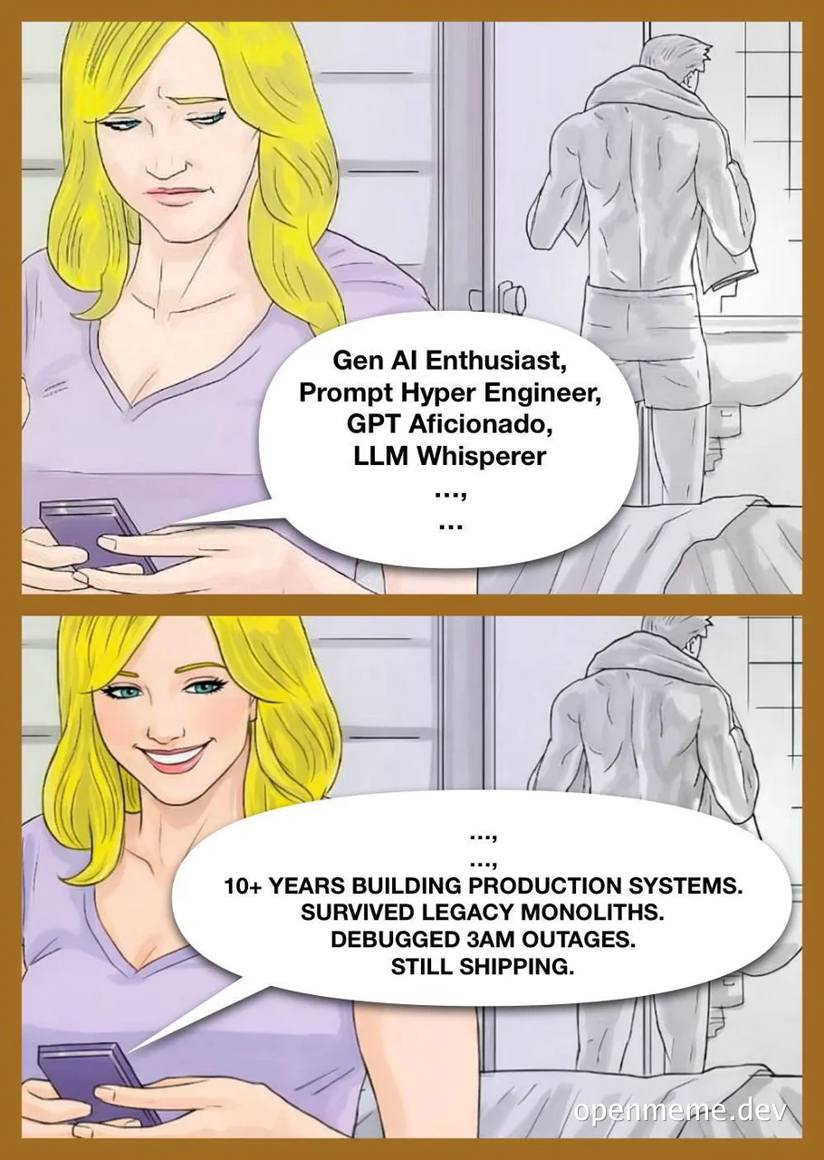 Cartoon of woman talking to man in shower about AI skills vs. production experience