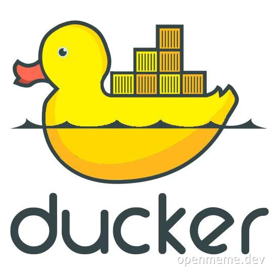 A yellow rubber duck floating on water carrying a stack of shipping containers with the word 'ducker' underneath.