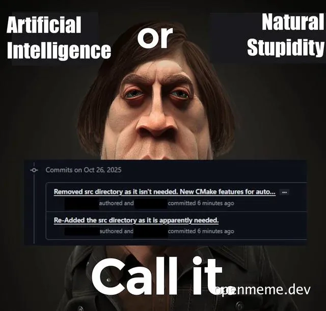 Meme contrasting AI with natural stupidity through a character and Git commit log screenshot