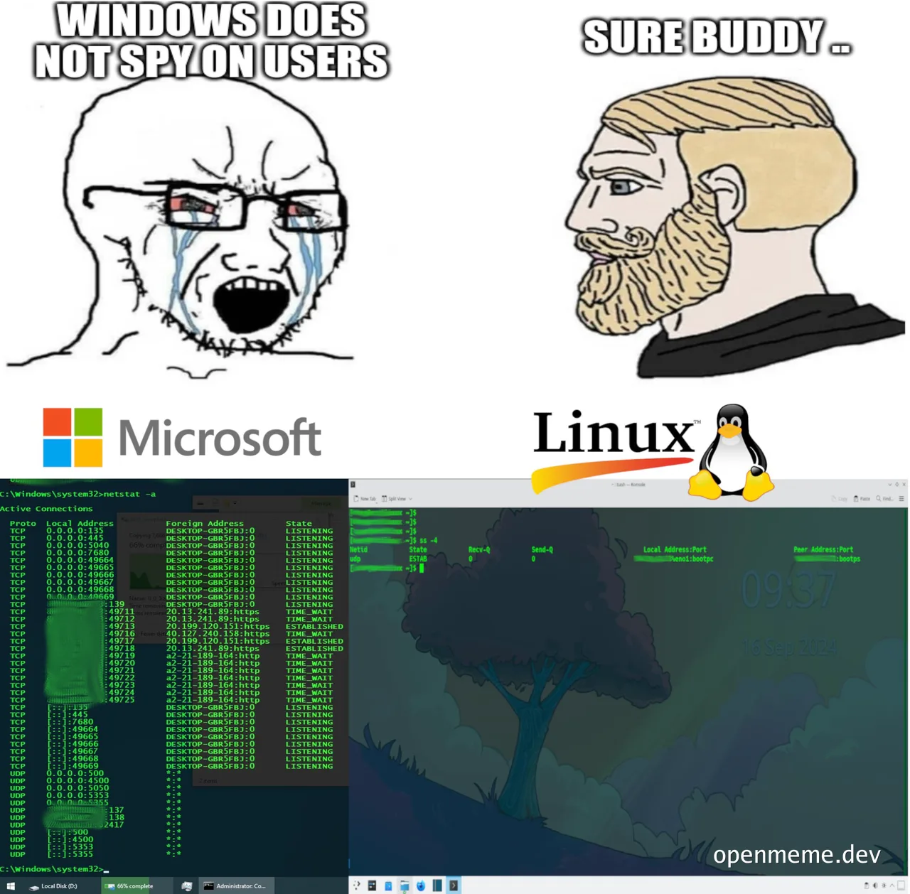 meme comparing Windows and Linux user data collection