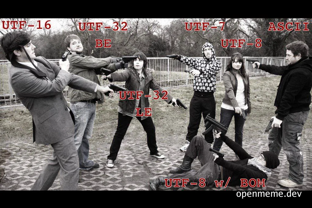 UTF encoding meme with people pointing guns