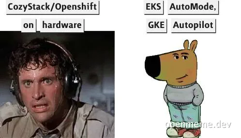 Relaxed dog character next to a sweaty man in a headset with text about CozyStack Openshift on hardware and EKS AutoMode GKE Autopilot