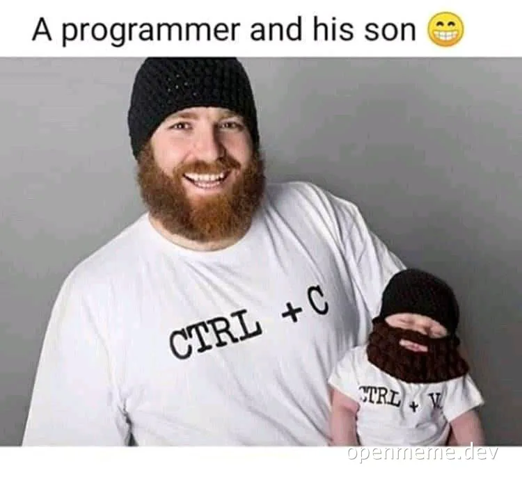 A programmer and his son wearing CTRL+C and CTRL+V shirts
