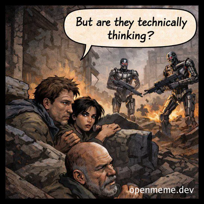 comic strip of a man, woman, and older man hiding behind rubble with robots in the background and a speech bubble reading 'But are they technically thinking?'