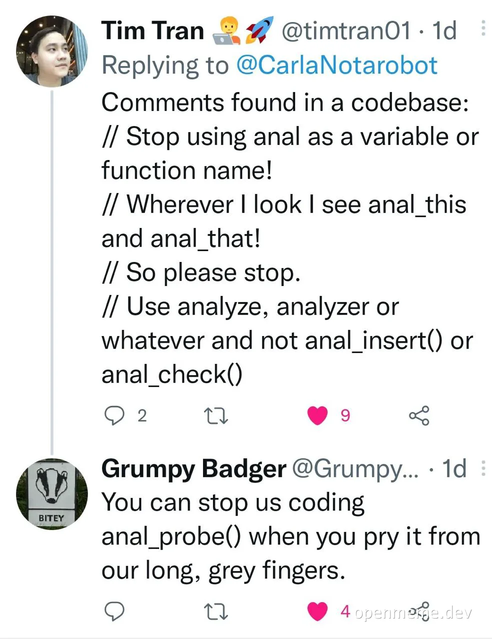 a screenshot of a twitter conversation about a codebase comment