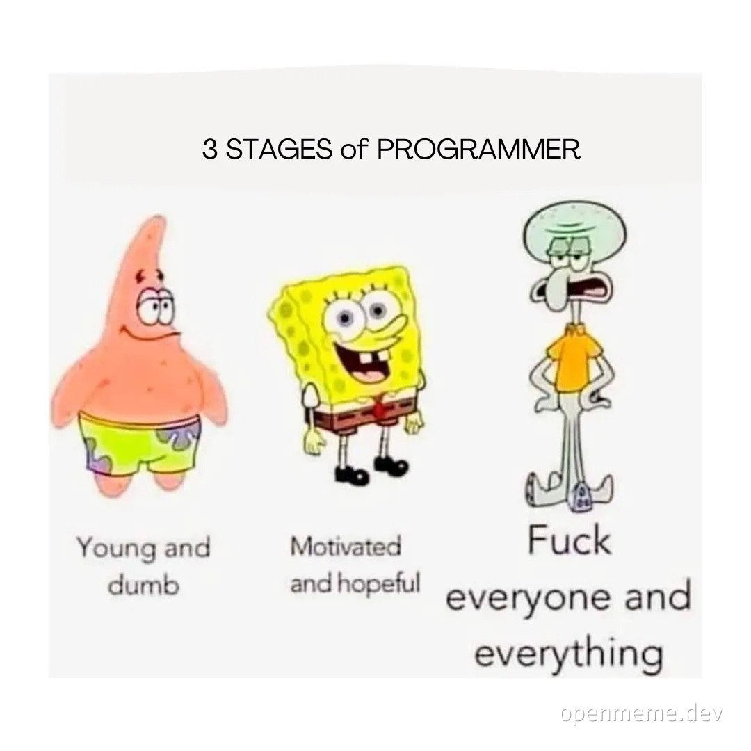 SpongeBob SquarePants characters representing 3 stages of a programmer
