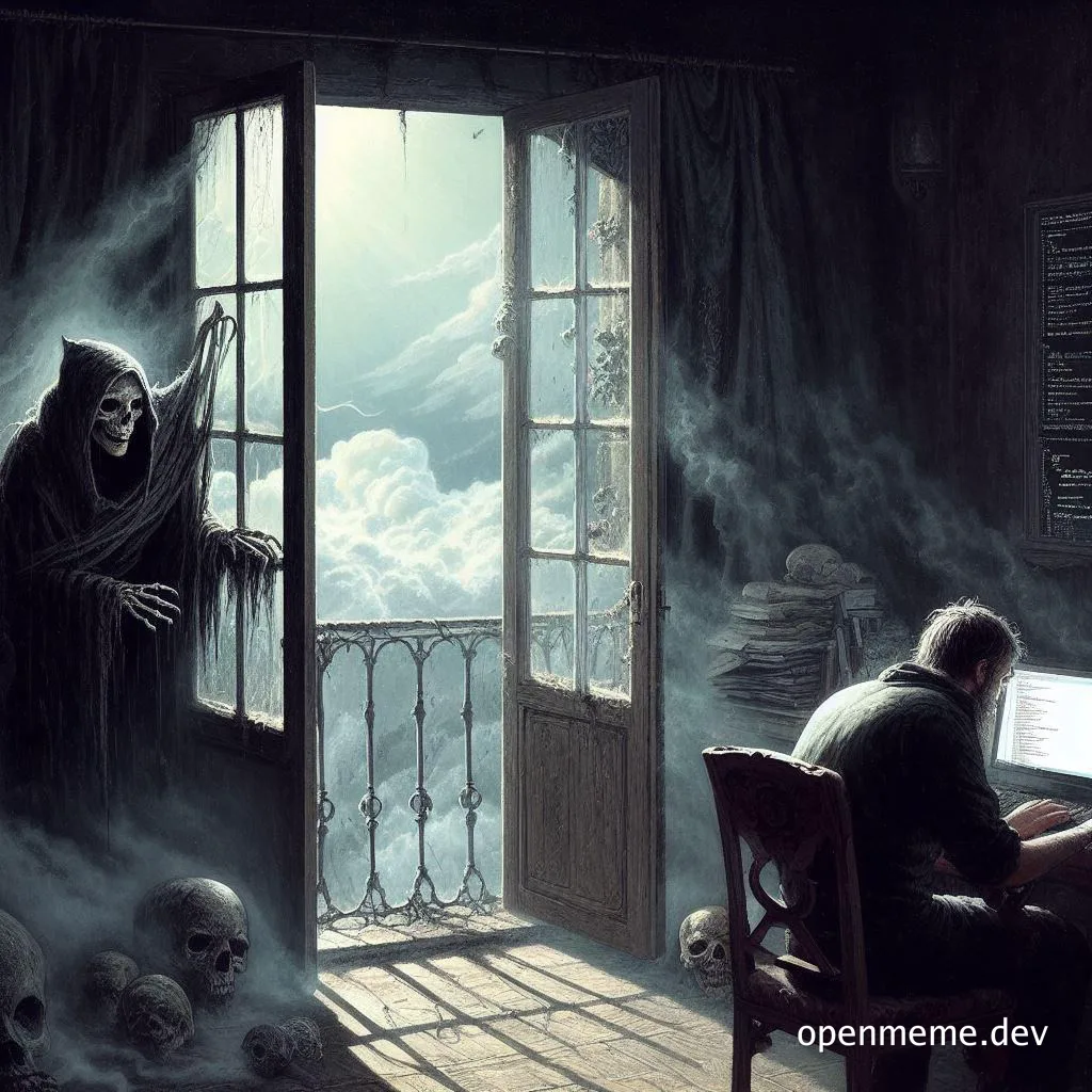 a grim reaper standing in the doorway of a dark room with a programmer sitting at a computer