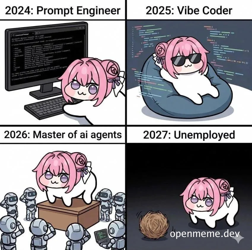 cartoon pink-haired girl in four scenarios related to AI and coding