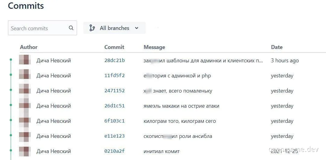 Commits page with humorous commit messages