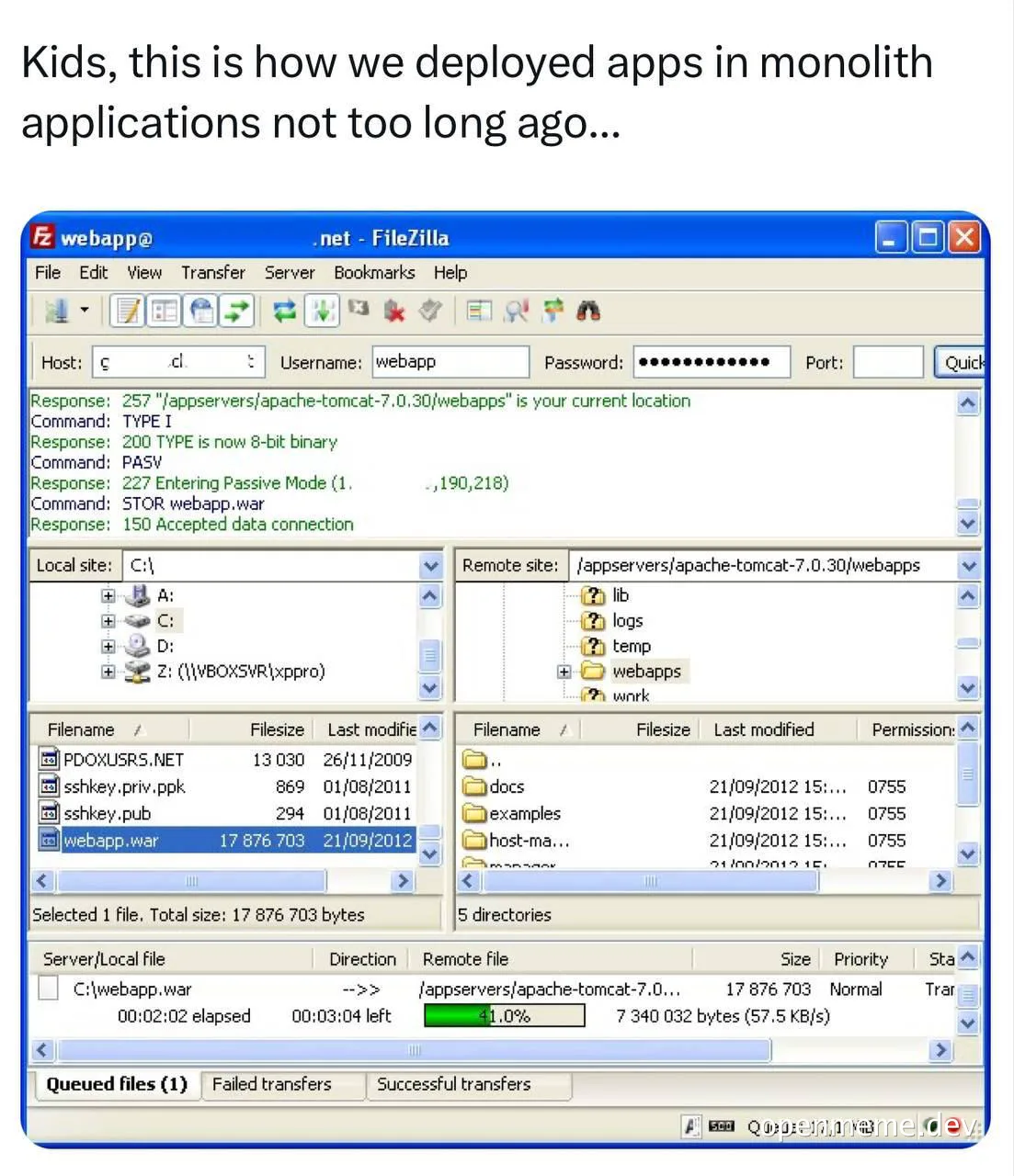 screenshot of FileZilla uploading a webapp.war file to a server