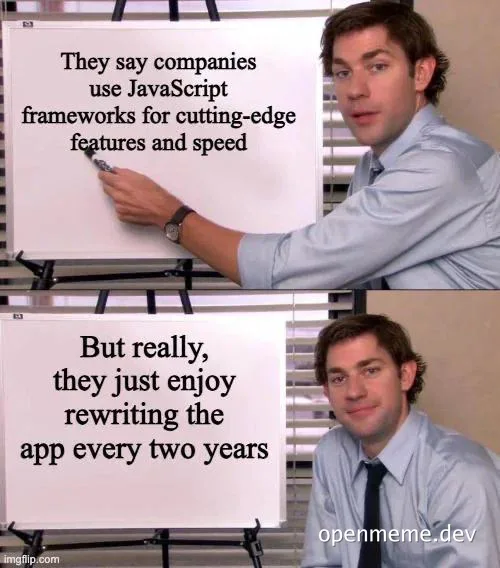 Office worker humorously comments on JavaScript frameworks