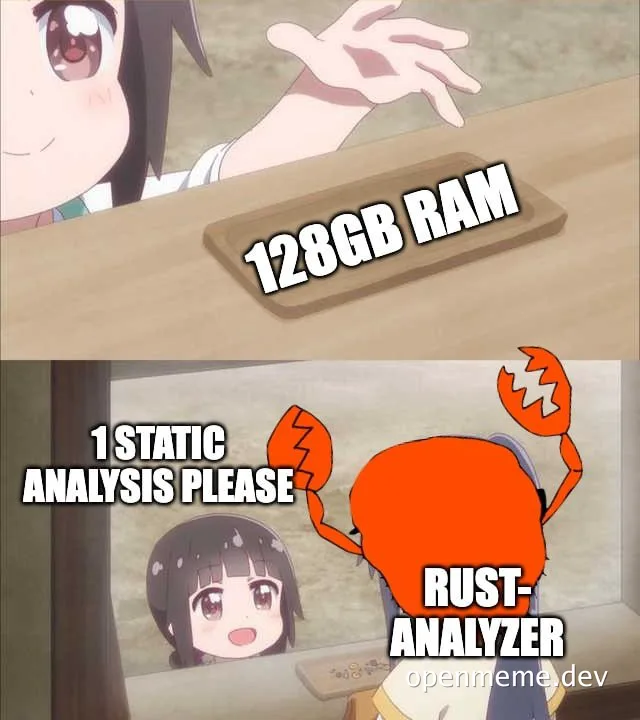 Anime characters interacting with a humorous exchange about RAM and static analysis with Rust