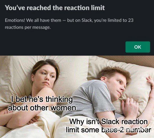 Couple in bed with thought bubbles, reaction limit meme