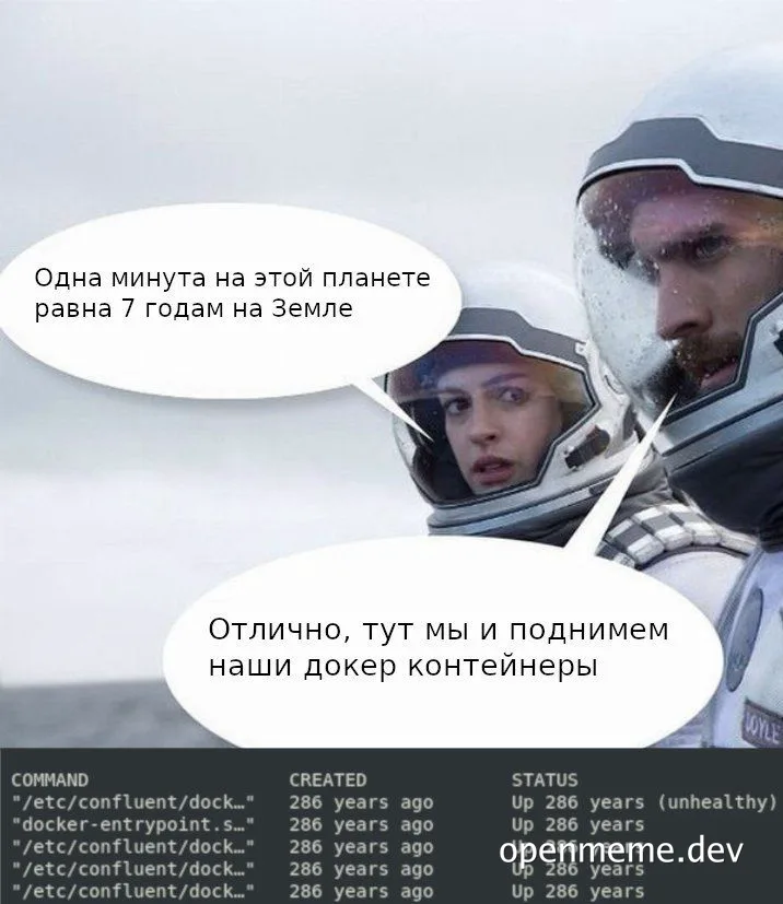 Astronauts in space suits talking about docker containers
