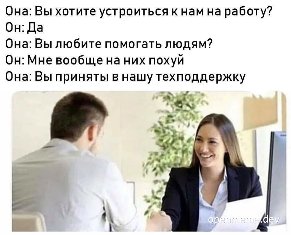 Job interview meme with woman smiling and man sitting across from her
