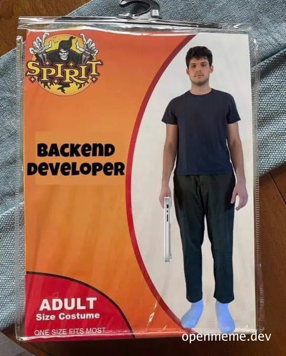 Halloween costume box for a backend developer with a man wearing a black t-shirt and pants