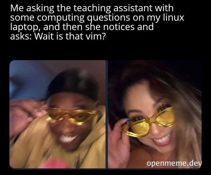 Two side-by-side images of people reacting with surprise and amusement, with text about using vim on a linux laptop