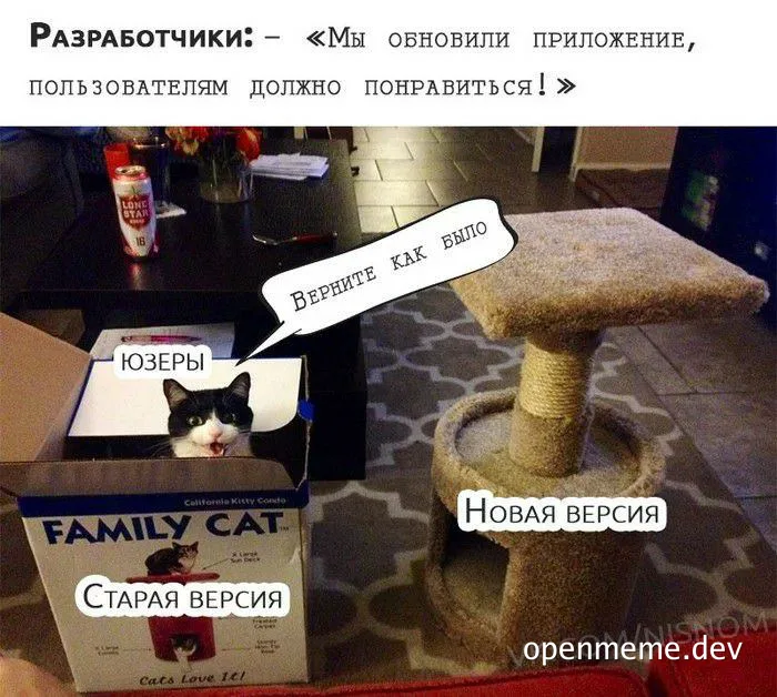 cat in box meme about software update