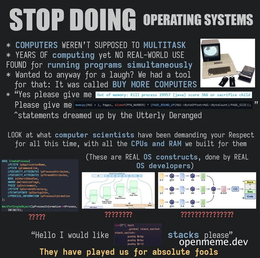 STOP DOING OPERATING SYSTEMS meme