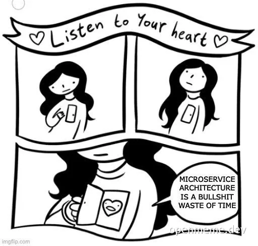 cartoon woman listening to her heart with a tshirt that has a heart on it and a speech bubble saying microservice architecture is a bullshit waste of time