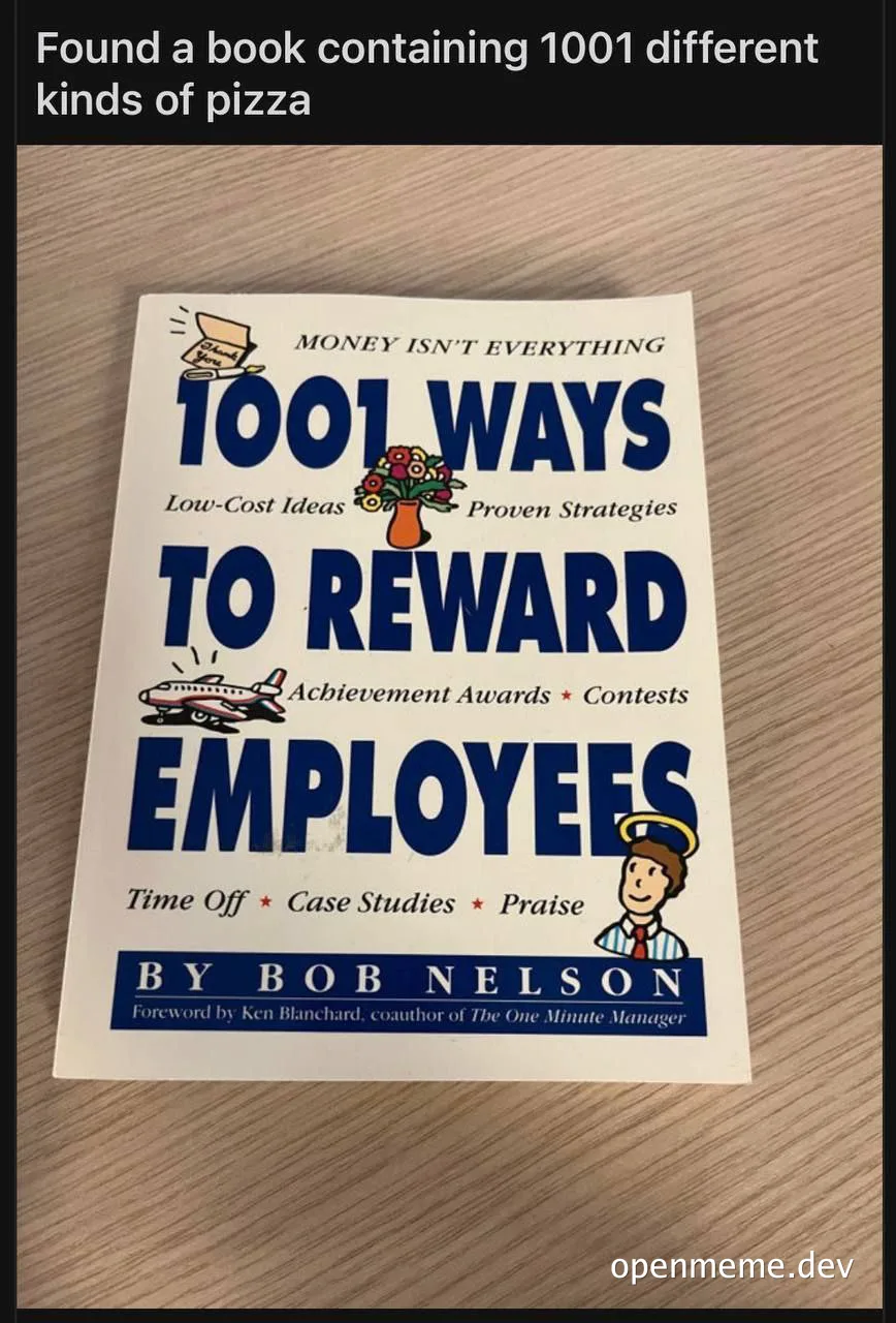 A book titled '1001 Ways to Reward Employees' by Bob Nelson with a humorous twist on its cover
