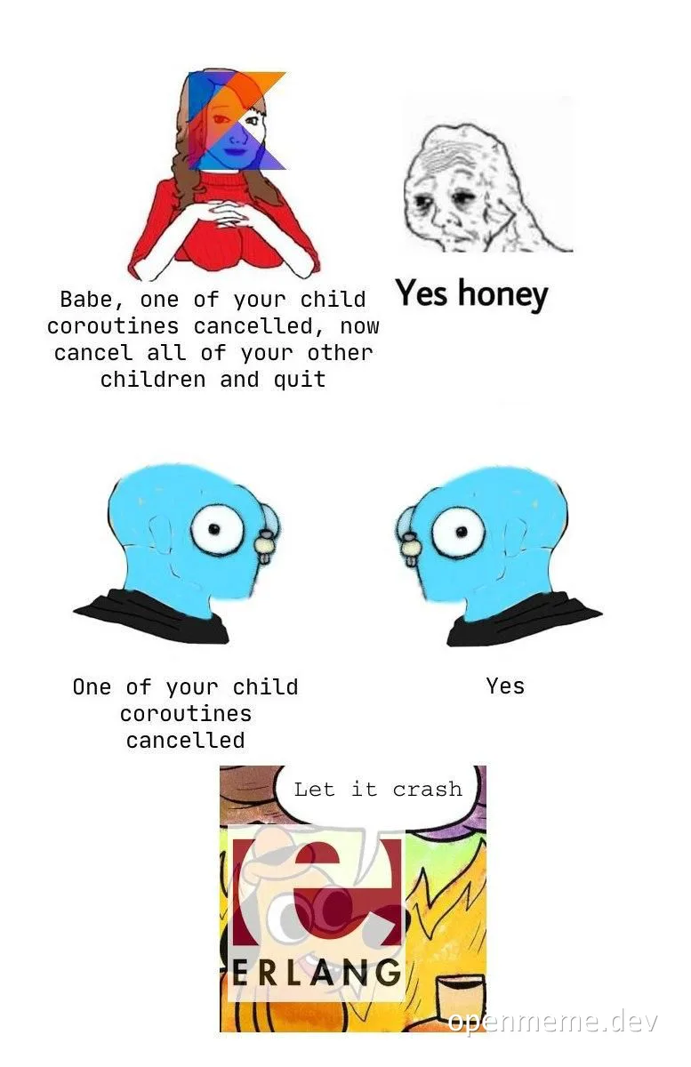 A developer humor image showing a conversation about cancelling child coroutines