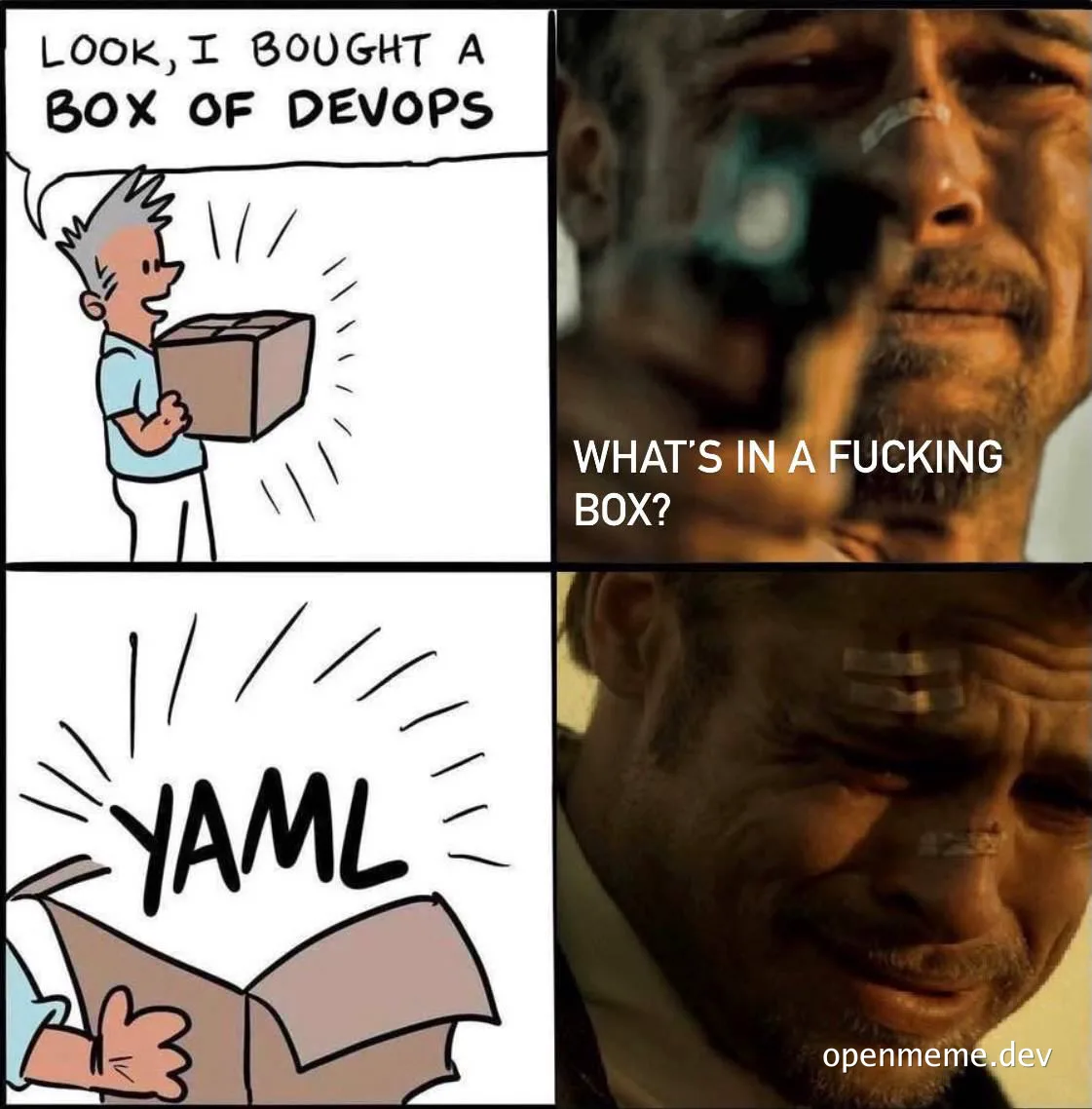 DevOps meme with man holding box and frustrated reaction