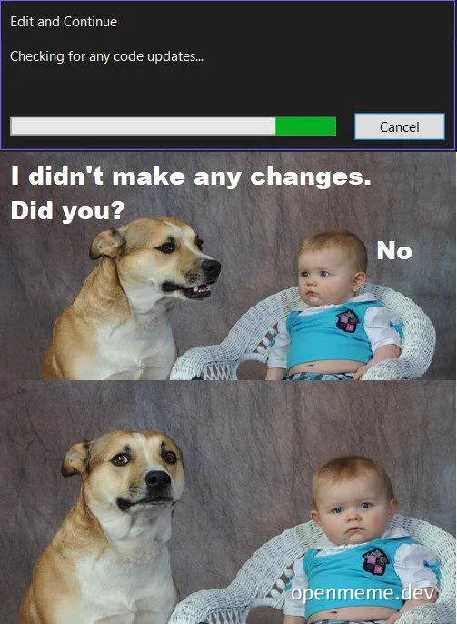 dog and baby meme about code changes